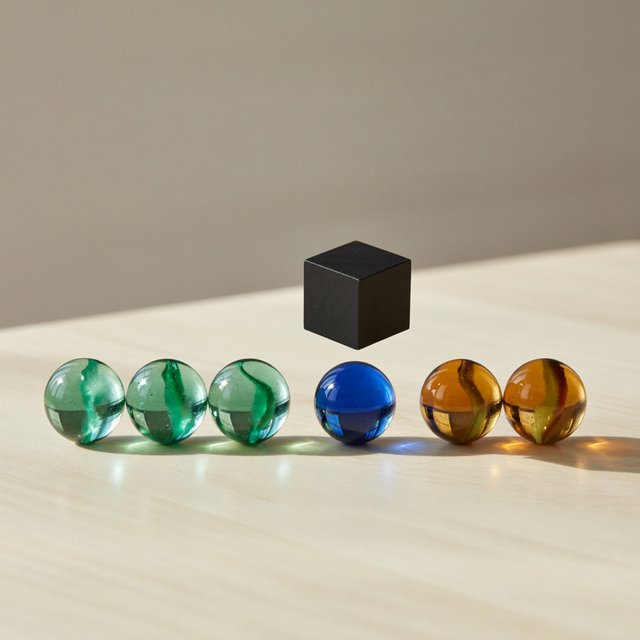Exactly six glass marbles sit on a cream tabletop: three green marbles in a row on the left, two amber marbles in a row on the right, and one blue marble centered between the rows. A black cube sits above the blue marble, nothing else. — ImagineArt 2