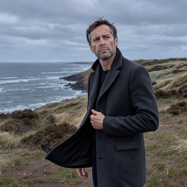 Wind lifts the hem of a charcoal wool coat as an adult man in his late 40s keeps a pensive gaze. The portrait frames him against a windswept coastal bluff beneath cool, cloud-filtered daylight. — FLUX 3 Image Klein