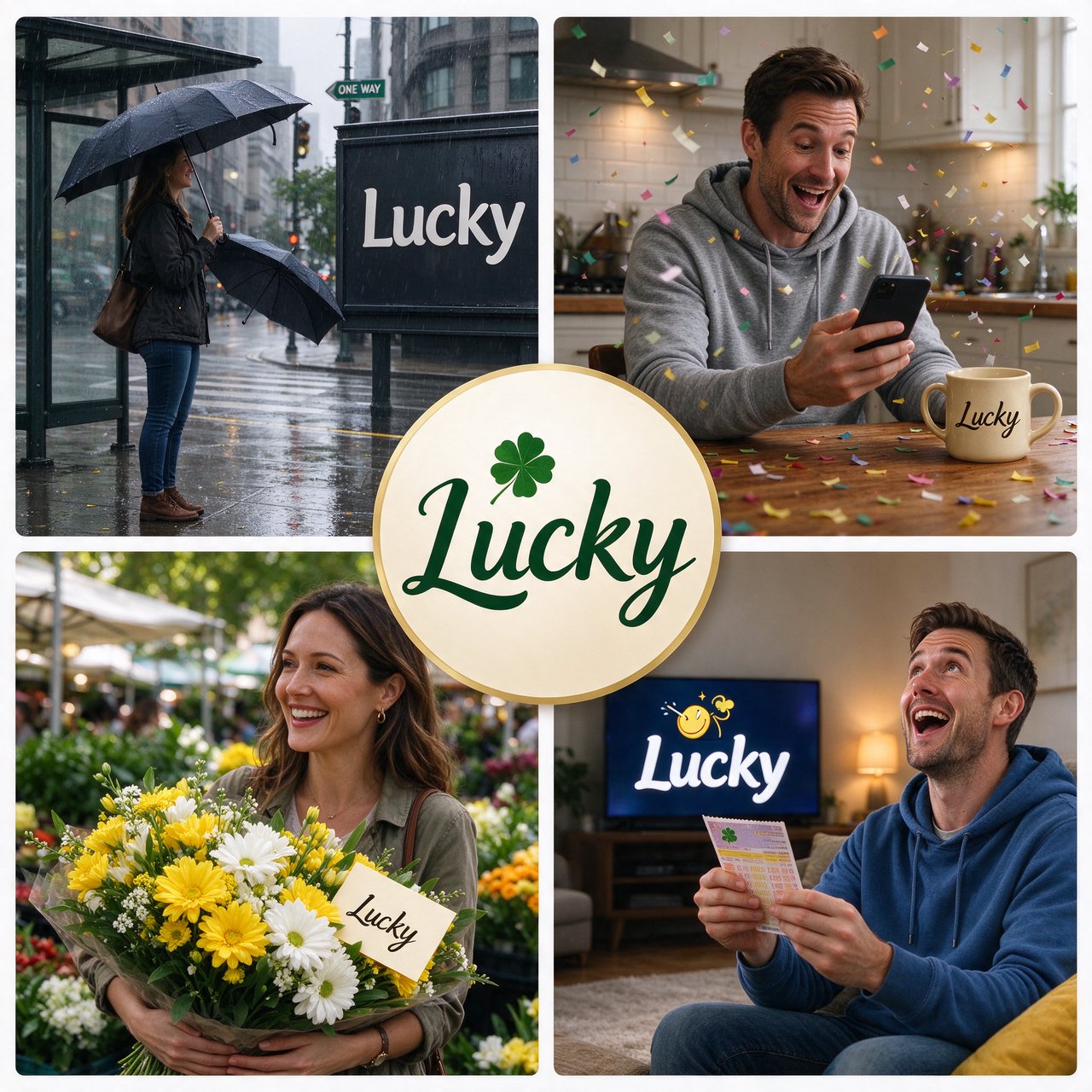 4–6 realistic scenes of people having the luckiest day of their lives. The word “Lucky” should appear at least twice in the image, and seem totally in place and seamless. The whole vibe is pretty much lucky moments that were unexpected but very welcome. — Seedream 5.0 Flash