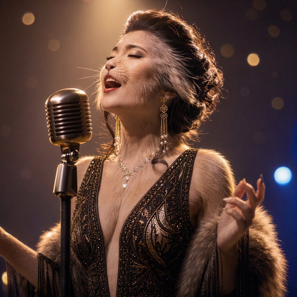 Anthropomorphic rabbit-human hybrid. No human ears visible; the areas where ears would normally be are covered by rabbit fur. A pulchritudinous East Asian 32-year-old wearing a luxurious flapper dress with a deep V split down the center, standing on stage behind a luxurious retro microphone, singing her heart out into it. Taken with a professional DSLR camera and a 35mm lens. Background bokeh, stage lights with a bloom effect. — GPT Image 2