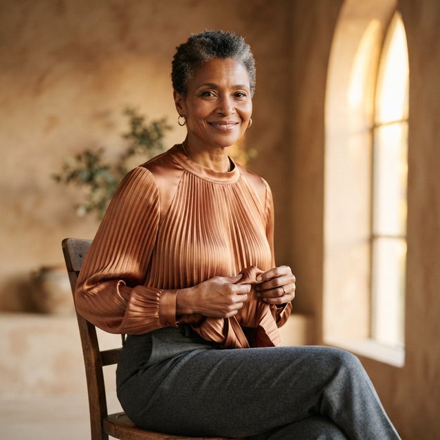 Portrait of an adult Black woman in her 50s wearing a pleated copper satin blouse and tailored charcoal trousers, her hands gently holding the blouse fabric, calm half-smile, warm plaster backdrop, late-afternoon window light grazing her face. — Nano Banana 2 Lite