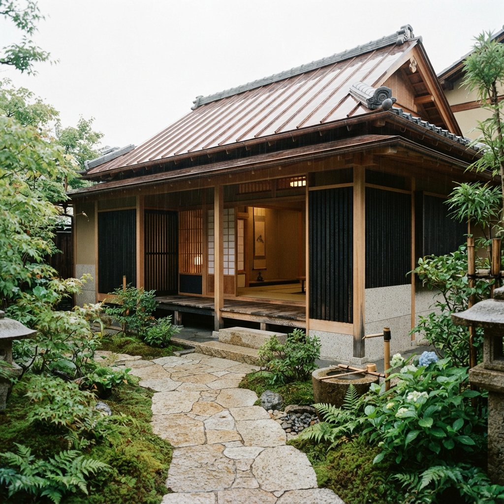 Exterior of a Kyoto-inspired contemporary teahouse in restrained Japanese timber architecture, charred cedar screens, pale granite, and a copper-clad roof; soft rain-bright afternoon light, viewed obliquely from a moss garden path, precise joinery and credible structure. — Nano Banana 2 Lite
