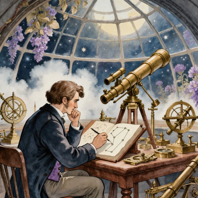 Ink-and-watercolour illustration of an adult astronomer mapping constellations from a glass-domed observatory, surrounded by brass instruments and flowering night plants. Indigo, lavender, and pale gold palette, delicate linework, serene atmospheric detail. — Kling v3 Omni