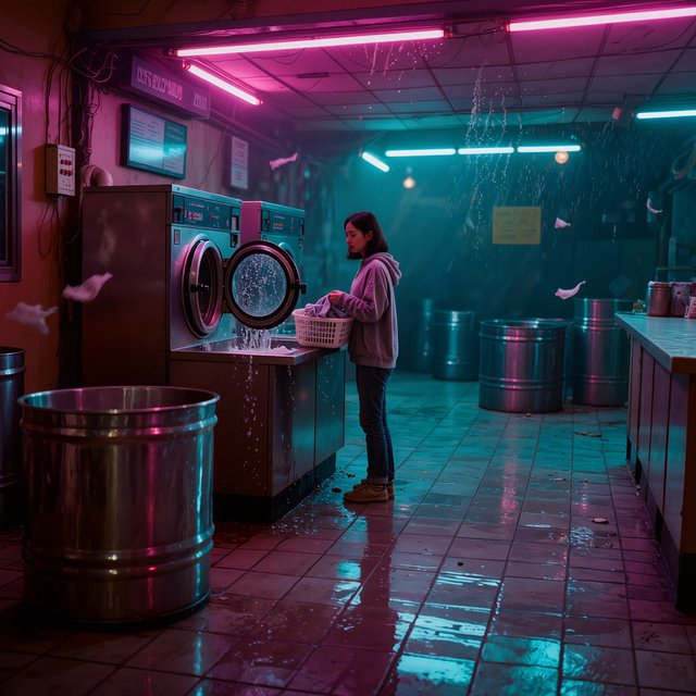 Neon washes a nearly empty overnight laundromat, reflections trembling across tiled floor and spinning steel drums. A handheld street snapshot under magenta and cyan tubes, shot at 35mm with moderate depth of field, catches lint drifting in the air. — Kling v3