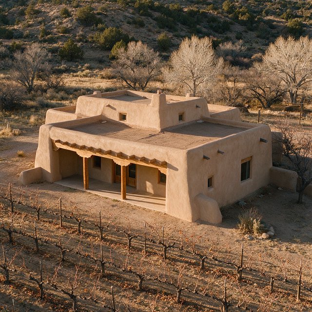 Beyond dry orchard rows, a Pueblo Revival adobe house settles into the desert foothills, with timber lintels and a muted clay roof; warm late-afternoon light, viewed from a rocky rise, reveals clean geometry and credible construction. — Seedream 5.0 Pro