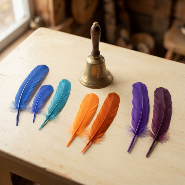 Exactly seven feathers lie on a cream tabletop: three blue on the left, two orange in the center, and two purple on the right. A brass bell sits above the orange pair, nothing else. — Nano Banana 2 Lite