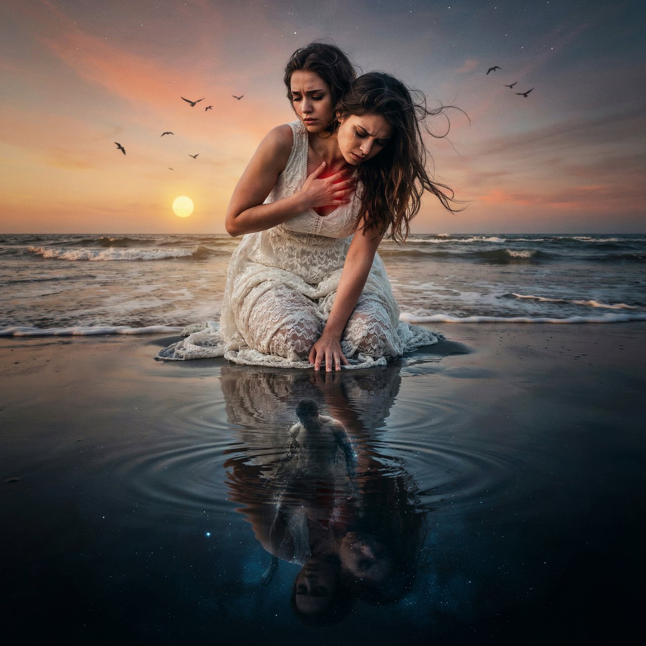 Cinematic, photorealistic artwork of a sorrowful young woman in a flowing ivory lace dress kneels in shallow surf at the waterline during sunset. Her long, windblown dark hair frames her downcast face; a tear flows down her cheek and into the water, one hand presses against her chest, glowing faintly crimson to suggest her still-beating heart, while her other fingertips touch the water. The world behind her remains beautiful: a golden sun shines over restless waves, seabirds cross the sky, and fiery peach clouds fade into star-filled indigo. In the wet sand, her reflection becomes a dark cosmic void. Stars ripple around a fading, ghostlike image of her partner deserting her and dissolving into darkness. The tear forms concentric ripples, disturbing an entire universe. Contrast warm golden life above with cool blue-black devastation below. Natural cinematic lighting, detailed water reflections, realistic anatomy, restrained grief. No text, borders, or collage. — Ideogram v4.5