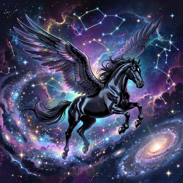 A majestic winged horse, with iridescent feathers and a coat like polished obsidian, is soaring through a celestial realm filled with nebulae and shimmering stardust. Around its hooves, tiny galaxies spiral outwards. The style is reminiscent of intricate fantasy illustration, with glowing, ethereal colors and a sense of deep cosmic wonder — ImagineArt 2