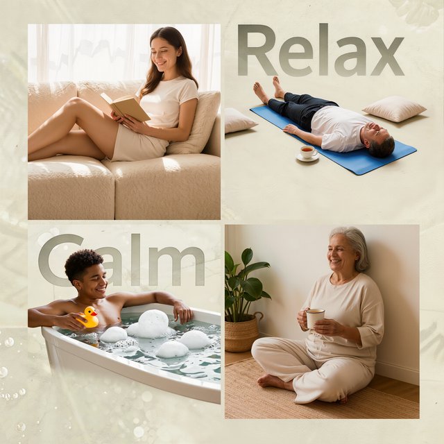 An image representing the word and concept of “Relaxing.” There are at least 4 moments that represent this. The word “Relax” and another word representing it are hidden naturally in the background. — Kling v3