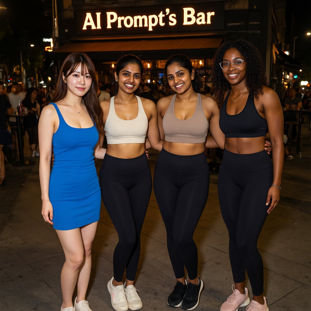 Photorealistic image, late at night. The image shows a pretty 21-year-old Japanese woman wearing a blue dress that fits her body. Next to her is a pretty 24-year-old Indian woman wearing a crop top and leggings that fit her. Another is a pretty Black woman, age 23–27, wearing gym wear and glasses. They are having a group photo in front of a bar called “AI Prompt’s Bar.” The image shows full front, back, and side views of the women. Vibe: busy friends who finally made time to hang out. — Qwen Image 3.0
