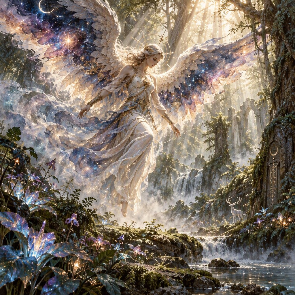 A lone angel with feathered wings, composed of swirling cosmic dust and nebulae, descends into a quiet, enchanted forest. Sunlight filters through the ancient canopy, illuminating wisps of mist and the vibrant, otherworldly plants below. The style is a fusion of hyper-detailed fantasy illustration and soft watercolor techniques, with the polished finish of concept art. — GPT Image 2.5 Sunburst