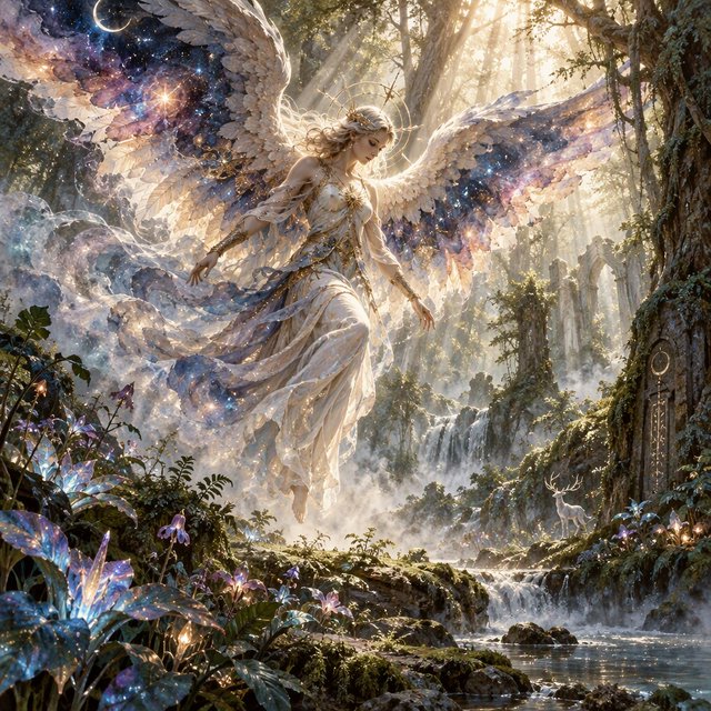 A lone angel with feathered wings, composed of swirling cosmic dust and nebulae, descends into a quiet, enchanted forest. Sunlight filters through the ancient canopy, illuminating wisps of mist and the vibrant, otherworldly plants below. The style is a fusion of hyper-detailed fantasy illustration and soft watercolor techniques, with the polished finish of concept art. — GPT Image 2.5 Sunburst