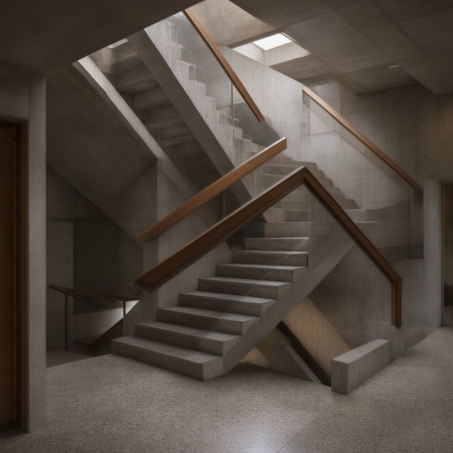 At the heart of a restrained Brutalist museum, a folded concrete stair rises beside smoked-oak handrails and terrazzo landings; skylight washes the treads, seen from the lower landing, with aligned flights and believable supports. — Qwen Image 3.0