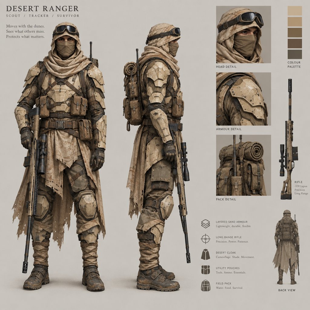 Character design sheet of a desert ranger in layered sand-coloured armour with a long rifle, front and side view, neutral background. — GPT Image 2.5 Flare