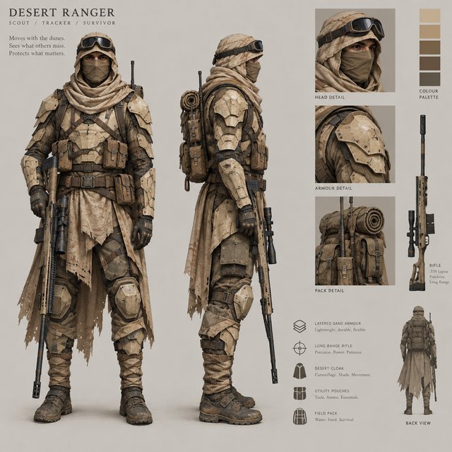Character design sheet of a desert ranger in layered sand-coloured armour with a long rifle, front and side view, neutral background. — GPT Image 2.5 Flare