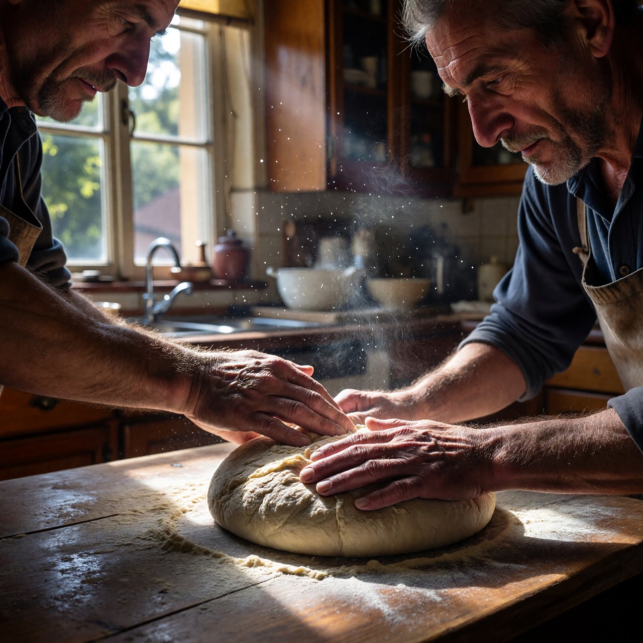 Documentary photo of a home kitchen mid-morning, flour dust in a shaft of window light, an older man kneading dough, natural light only. — ImagineArt 1.5 Pro