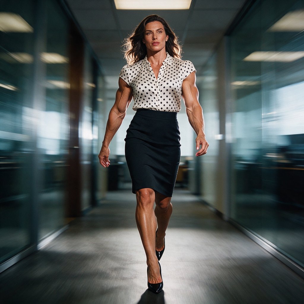 A tall, muscular businesswoman with strong, defined arms strides through a modern office hallway wearing a tailored polka dot blouse and pencil skirt, paired with pointed-toe high heels showing a polished pedicure. Her expression is assertive and self-assured, dynamic motion blur in the background, dramatic studio lighting, high-fashion editorial style — Seedream 5.0 Pro