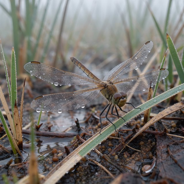 On a peaty marsh edge, a dragonfly rests among sedges after a light morning shower; dew beads on its veined wings and granular mud, while reed stems soften into pale fog behind it. — FLUX 3 Image