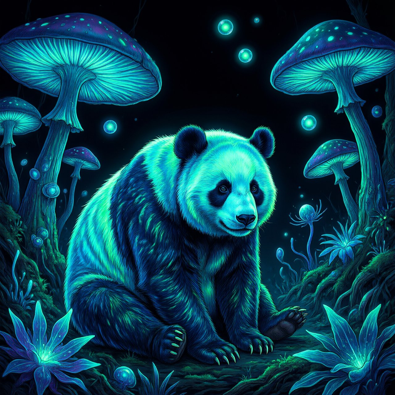 A bioluminescent panda bear, its fur patterns glowing with neon blues and vibrant greens, sits peacefully amidst a grove of luminous, alien flora. Giant, pulsing mushrooms and floating orbs of light create an otherworldly ambiance. The background fades into an inky blackness, making the glowing elements pop. Style: Sci-fi fantasy illustration with sharp, defined lines and glowing contrasts, drawing inspiration from futuristic concept art. — Qwen Image 3.0