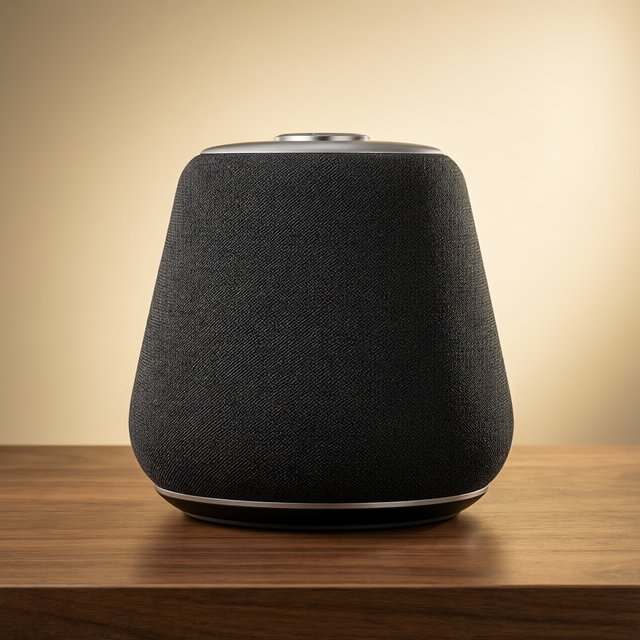 Commercial product photograph of an unbranded wireless speaker made from textured black fabric and satin aluminum, placed on a walnut tabletop against a warm cream background, illuminated by a large softbox and subtle backlight. — Qwen Image 3.0