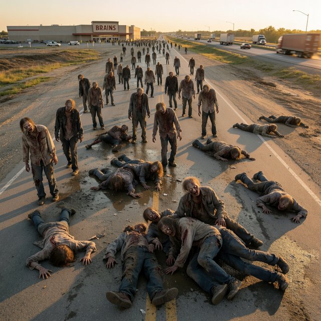 Several weird-looking zombies, some cross-eyed and some wide-eyed, are heading towards a superstore far ahead named "Brains". The superstore is located beside a highway with some trucks driving along it. The zombies are on a rural road connecting to the highway. There are patches of mud in one place on the rural road. The zombies are slipping on the mud and falling—some on their faces, some on their backs, and some on top of other zombies. A couple of fallen zombies are crawling up to the highway, where speeding trucks are passing by. Make it dramatic but funny. — Model 12
