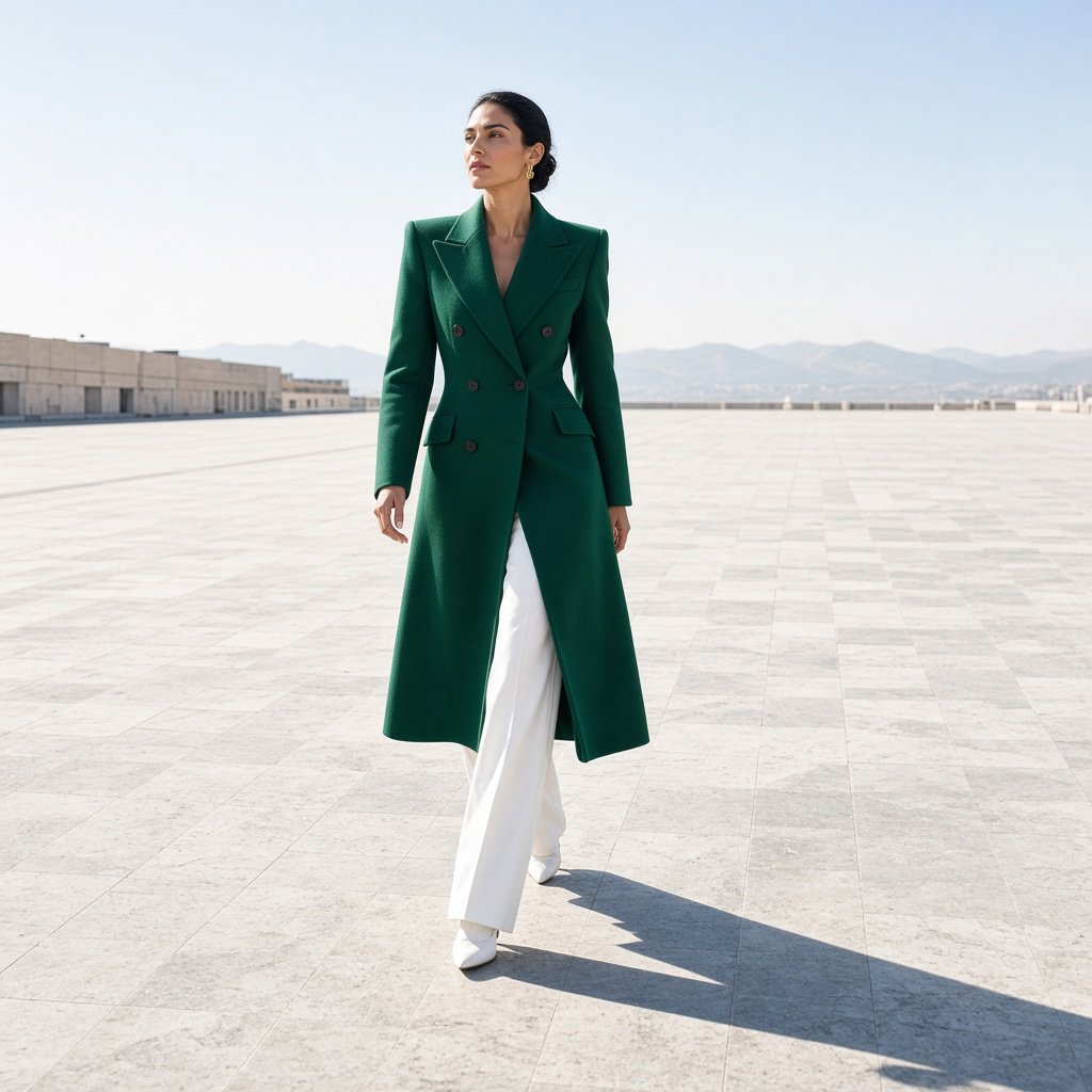 Full-length fashion editorial: model in a structured emerald wool coat and white trousers walking across a wide empty plaza, harsh midday sun, long shadow. — Grok Imagine Image 2
