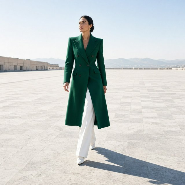 Full-length fashion editorial: model in a structured emerald wool coat and white trousers walking across a wide empty plaza, harsh midday sun, long shadow. — Grok Imagine Image 2