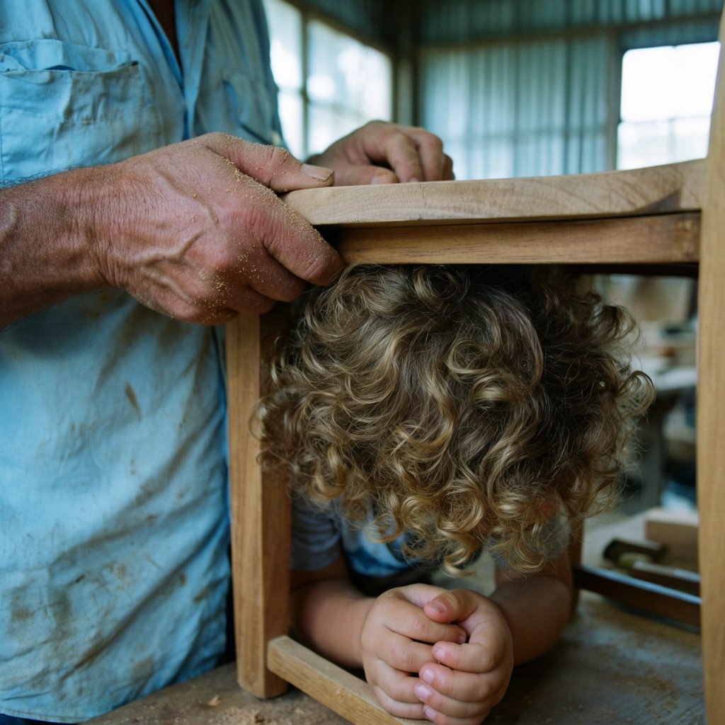 Fine curls gather beneath adult hands sanding the edge of a wooden chair in a quiet repair shed. A real-world workshop snapshot in cool skylight, using a normal lens at shallow depth of field, catches pale sawdust clinging to the knuckles. — Krea 2 Large