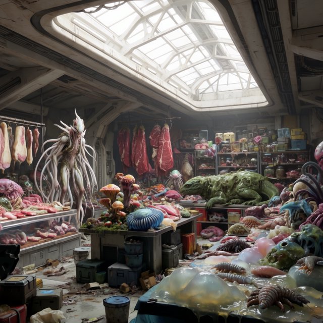 Exotic alien meat market with every possible meat imaginable on sale! — Krea 2 Large
