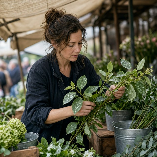Candid documentary photograph of an adult florist arranging loose stems at an outdoor market stall, soft early-morning side light, 50mm lens with shallow depth of field, tiny water droplets beading on the cut leaves. — Grok Imagine Image 2