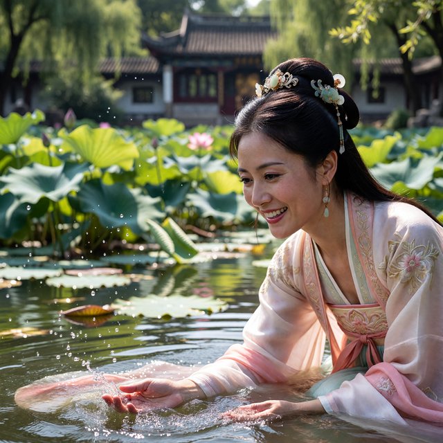 Cinematic shot, a breathtakingly stunning adult Chinese woman from ancient times playing joyfully by a crystal-clear lotus pond, mid-summer afternoon. She is wearing an exquisite, flowing silk Hanfu dress in pastel pink and white with intricate gold embroidery. Her face is porcelain-smooth, with delicate makeup, long black hair elegantly styled with jade hairpins, and a radiant, charming smile. Water droplets frozen in mid-air, sunlight filtering through lush green lotus leaves, creating dappled light on her skin. Shallow depth of field, bokeh background of traditional Chinese architecture, hyper-realistic, soft natural lighting, serene yet playful atmosphere. — ImagineArt 1.5 Pro