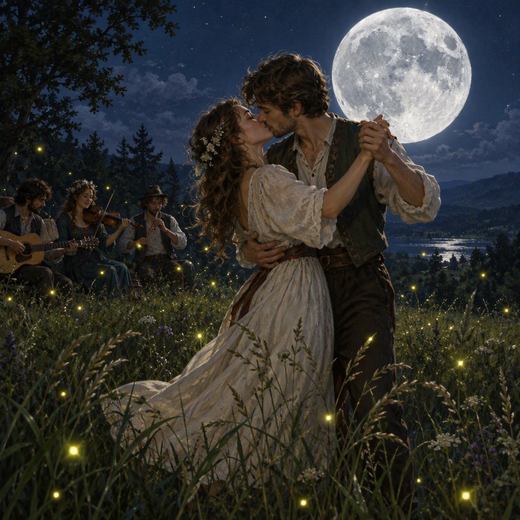 An illustration of a young adult European couple sharing a kiss while dancing in a moonlit meadow, with tall grass, fireflies, musicians playing music, and a huge silver moon overhead. — GPT Image 2.5 Flare