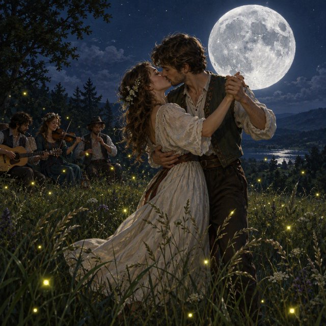 An illustration of a young adult European couple sharing a kiss while dancing in a moonlit meadow, with tall grass, fireflies, musicians playing music, and a huge silver moon overhead. — GPT Image 2.5 Flare