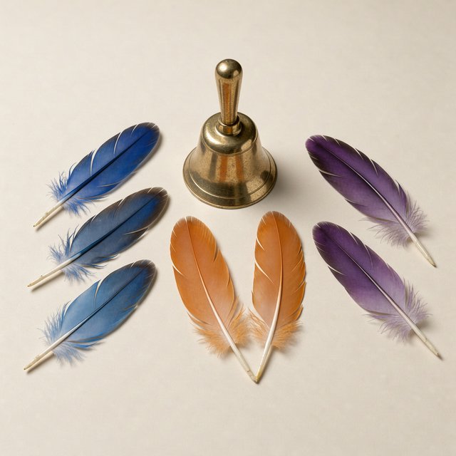 Exactly seven feathers lie on a cream tabletop: three blue on the left, two orange in the center, and two purple on the right. A brass bell sits above the orange pair, nothing else. — FLUX 3 Image