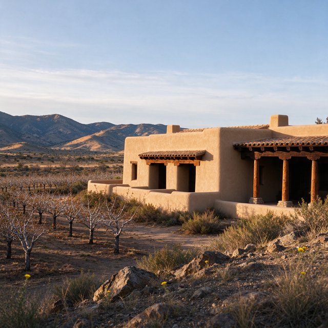 Beyond dry orchard rows, a Pueblo Revival adobe house settles into the desert foothills, with timber lintels and a muted clay roof; warm late-afternoon light, viewed from a rocky rise, reveals clean geometry and credible construction. — Seedream 5.0 Flash