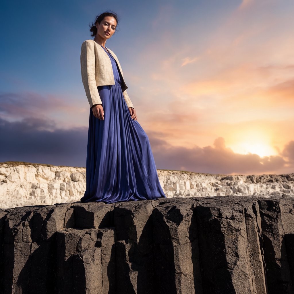 Across a basalt terrace, an adult woman in her early forties poses in a full-length fashion photograph, wearing a pleated indigo silk dress and cropped linen jacket, her composed half-smile lit by hard afternoon sunlight from one side against a pale limestone ridge. — Krea 2 Large