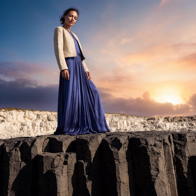 Across a basalt terrace, an adult woman in her early forties poses in a full-length fashion photograph, wearing a pleated indigo silk dress and cropped linen jacket, her composed half-smile lit by hard afternoon sunlight from one side against a pale limestone ridge. — Krea 2 Large