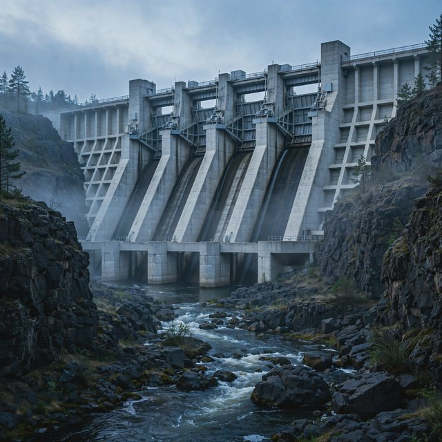 A broad hydroelectric dam in contemporary Brutalist engineering style spans a rocky gorge, its pale concrete face anchored by dark basalt abutments and steel gates; cool dawn light, viewed from downstream, with convincing load-bearing geometry. — Model 14