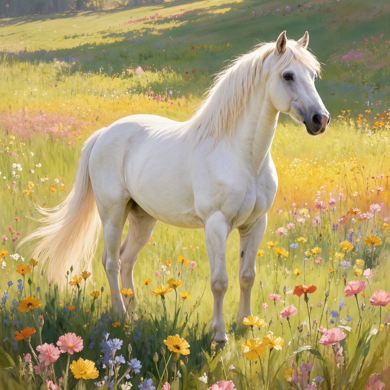a regal white horse with a flowing mane, standing in a sun-dappled meadow filled with vibrant wildflowers. Gentle light illuminates the scene, highlighting the horse's powerful physique and the delicate details of the flowers. The style is reminiscent of Romantic era landscape paintings with a soft, impressionistic touch. — Kling v3