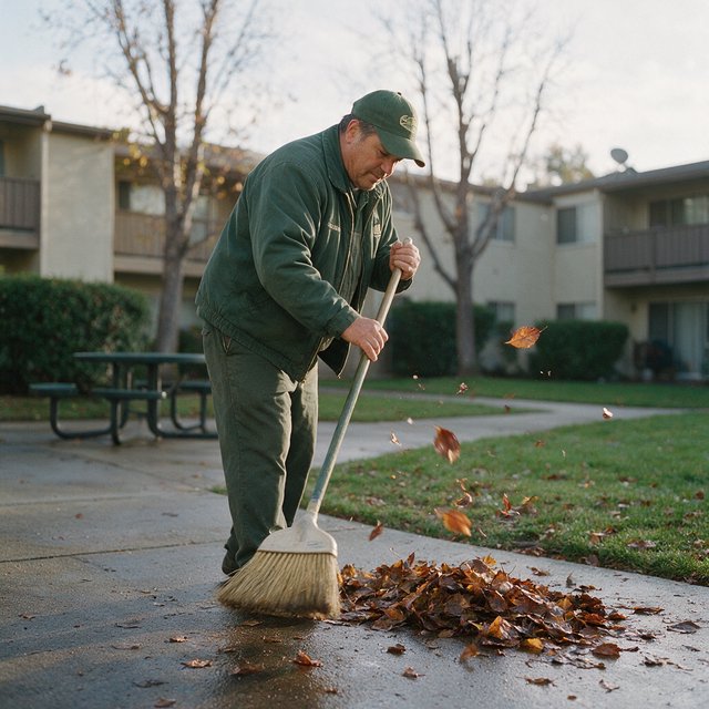 Candid documentary photograph of an adult groundskeeper sweeping damp leaves from an apartment courtyard, pale overcast morning light, 35mm lens with moderate depth of field, a few leaves caught midair in motion blur. — Seedream 5.0 Pro