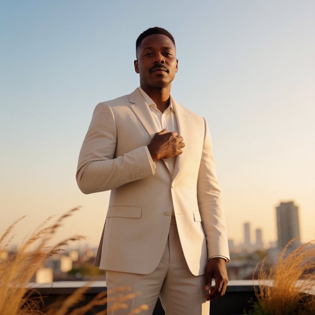 Under the copper glow of a rooftop terrace, an adult Black man in a tailored cream dinner suit is caught smoothing his lapel as evening breeze stirs nearby grasses; calm poise, sculpted shadows and refined fashion-magazine polish. — Krea 2 Medium
