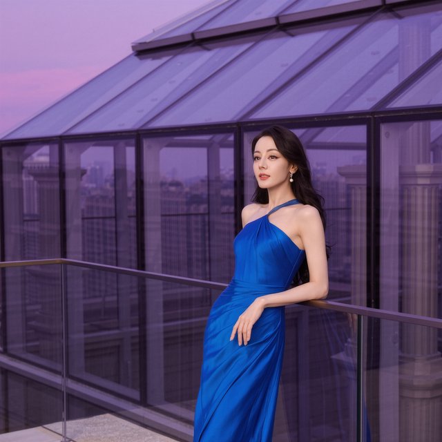 Editorial glamour photograph of one adult woman in a sapphire one-shoulder evening gown, leaning naturally against a rooftop conservatory railing at dusk, flattering lavender light, glass reflections, composed expression, elegant fashion-magazine atmosphere. — Kling v3 Omni