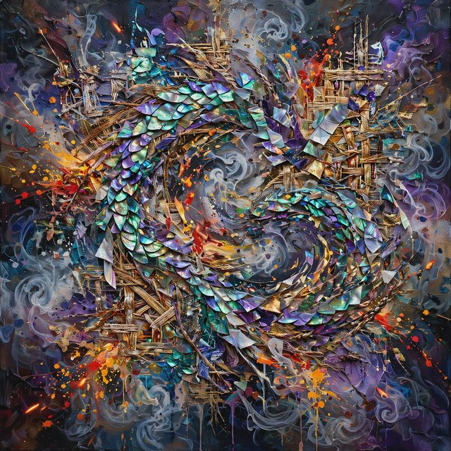 An abstract tapestry woven from the dreams of a sleeping dragon, depicted as a chaotic yet beautiful explosion of iridescent scales, fiery embers, and swirling smoke. The composition is dynamic and energetic, with bold brushstrokes and a rich, textured surface. The style is abstract expressionism, capturing the raw, untamed essence of draconic power. — Muse Image 1.0