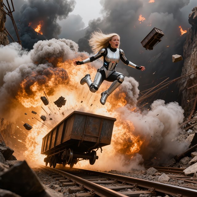 Collapsing mine, woman in a futuristic outfit, in a runaway mine cart. The cart is moving towards the foreground. Behind her cart, there was a huge explosion in the mine. The impact of the explosion is so great that it has knocked the cart off the tracks and sent the rider flying. Angle the empty cart, which is in the process of shattering, close to the woman. Focus the image on the female rider who has flown off the cart. Ensure her features are photorealistic. Make the scene photorealistic, explosive, and exciting as if it is from an action-packed movie. — Kling v3