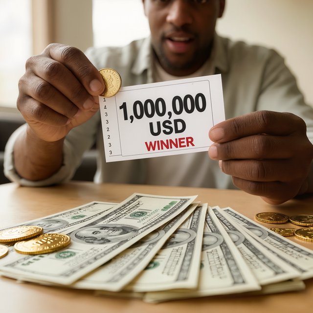A realistic scene of a random adult person, either Black, white, or Asian, scratching a scratch ticket and discovering that they have won one million dollars. — Kling v3