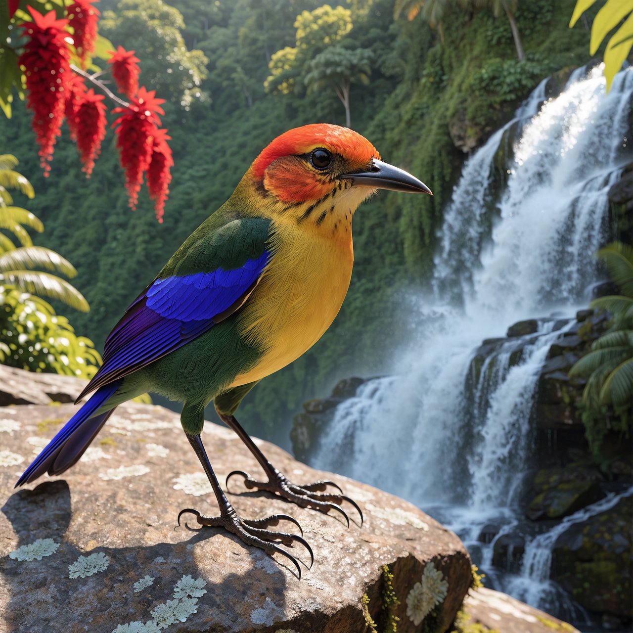 Create a vibrant digital artwork with clean lines depicting a small, colorful bird in the jungle. Combine rich, warm tones—such as soft orange, bold red, and dynamic yellow—with cool colors like brilliant blue, emerald green, and radiant violet. The atmosphere should feel fairytale-like, enhanced by striking lighting that underscores the scene's magic. Use bright, bold colors harmoniously to create a balanced composition. The overall style should be imaginative and captivating, transporting the viewer to another world. — Recraft v4 Pro