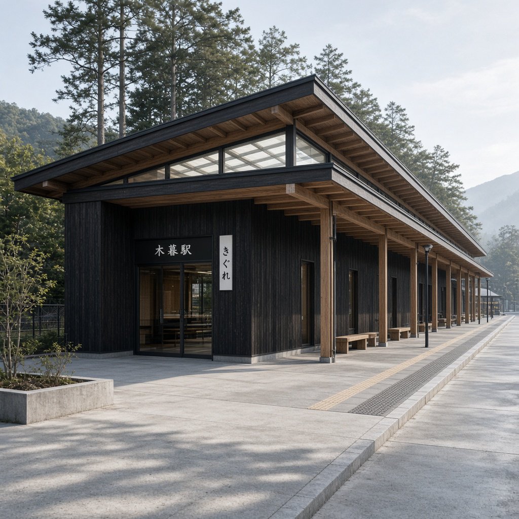 Contemporary Japanese timber train station, charred cedar cladding, pale concrete platform, broad pitched roof with exposed beams and translucent clerestories, cool morning light, viewed obliquely from the quiet approach plaza, precise straight lines and plausible structure. — Grok Imagine Image 2