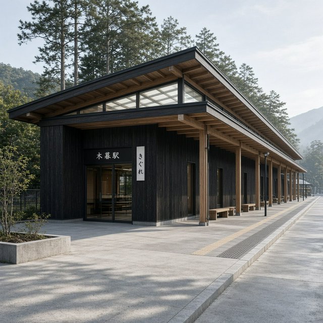 Contemporary Japanese timber train station, charred cedar cladding, pale concrete platform, broad pitched roof with exposed beams and translucent clerestories, cool morning light, viewed obliquely from the quiet approach plaza, precise straight lines and plausible structure. — Grok Imagine Image 2