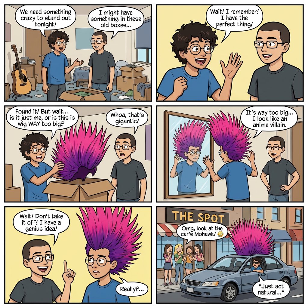 A three-row, six-panel sequence. Panel 1: A short-haired, nerdy man is talking to his friend Babu, another nerd with curly hair and round-frame glasses. They are both 20. Babu's room has a guitar and boxes full of things. Panel 2: Babu is exclaiming to his friend, saying something! Middle row, panel 3: Babu brings a spiky Mohican wig, pink to purple in color, out of one of his boxes. But it is oddly big. Panel 4: Babu stands in front of a wall mirror wearing the spiky wig—it is oddly very big! He looks concerned. Bottom row, panel 5: Babu's nerdy friend exclaims something to him, as if he has had an idea. Bottom row, panel 6: Babu is in a right-hand-drive sedan with a sunroof. Half of the spiky hair on his wig sticks out through the sunroof. The car is parked in front of a neighborhood hangout. Babu is looking out of the window, with one hand out of it. He wears sunglasses, trying to look cool. Several pretty adult women his age are giggling at him. — Nano Banana 2.1