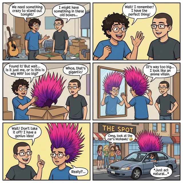 A three-row, six-panel sequence. Panel 1: A short-haired, nerdy man is talking to his friend Babu, another nerd with curly hair and round-frame glasses. They are both 20. Babu's room has a guitar and boxes full of things. Panel 2: Babu is exclaiming to his friend, saying something! Middle row, panel 3: Babu brings a spiky Mohican wig, pink to purple in color, out of one of his boxes. But it is oddly big. Panel 4: Babu stands in front of a wall mirror wearing the spiky wig—it is oddly very big! He looks concerned. Bottom row, panel 5: Babu's nerdy friend exclaims something to him, as if he has had an idea. Bottom row, panel 6: Babu is in a right-hand-drive sedan with a sunroof. Half of the spiky hair on his wig sticks out through the sunroof. The car is parked in front of a neighborhood hangout. Babu is looking out of the window, with one hand out of it. He wears sunglasses, trying to look cool. Several pretty adult women his age are giggling at him. — Nano Banana 2.1